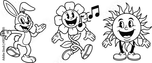 Cartoon characters of rabbit flower and sun smiling together happily