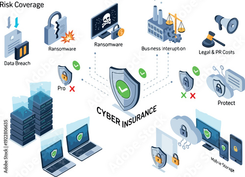 Cyber insurance protection concept illustration showing various cyber threats and risk coverage for businesses and individuals in a digital landscape