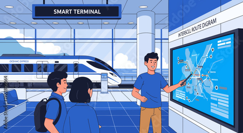 Man explaining route diagram to two people at a smart terminal.