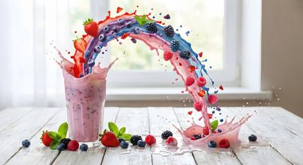 Vibrant berry smoothie splashing out of a glass with fresh fruit and mint on a rustic wooden table by a bright window.