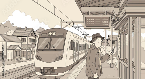 Man in hat checking train schedule at station platform.