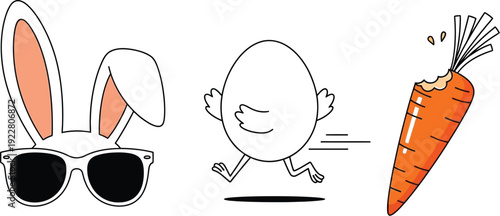 Funny cartoon egg running from rabbit towards a carrot quickly outdoors