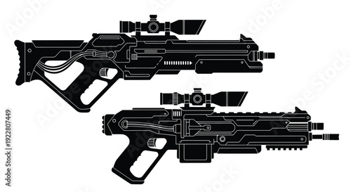 Futuristic weapon designs a black and white illustration of sci fi guns