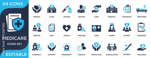 Medicare solid icon set featuring hospital, doctor, nurse, vaccine, treatment, insurance, pharmacy, and emergency care. Flat vector icons for healthcare and medical service projects.