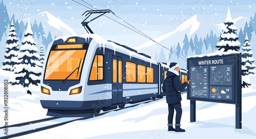 Modern Tram Arrives at Snowy Winter Station with Passenger.