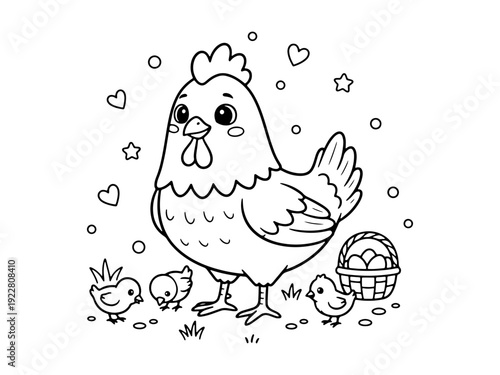 A charming black and white line art vector featuring a mother hen with her baby chicks and a basket of eggs, perfect for children's coloring books.