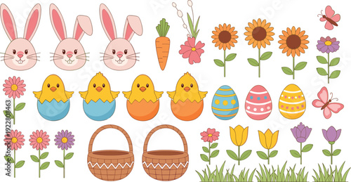 Cute easter bunnies chicks eggs and spring flowers vector collection for holiday greeting and seasonal decoration design