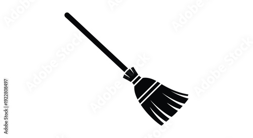 Simple black silhouette of a traditional household broom on white