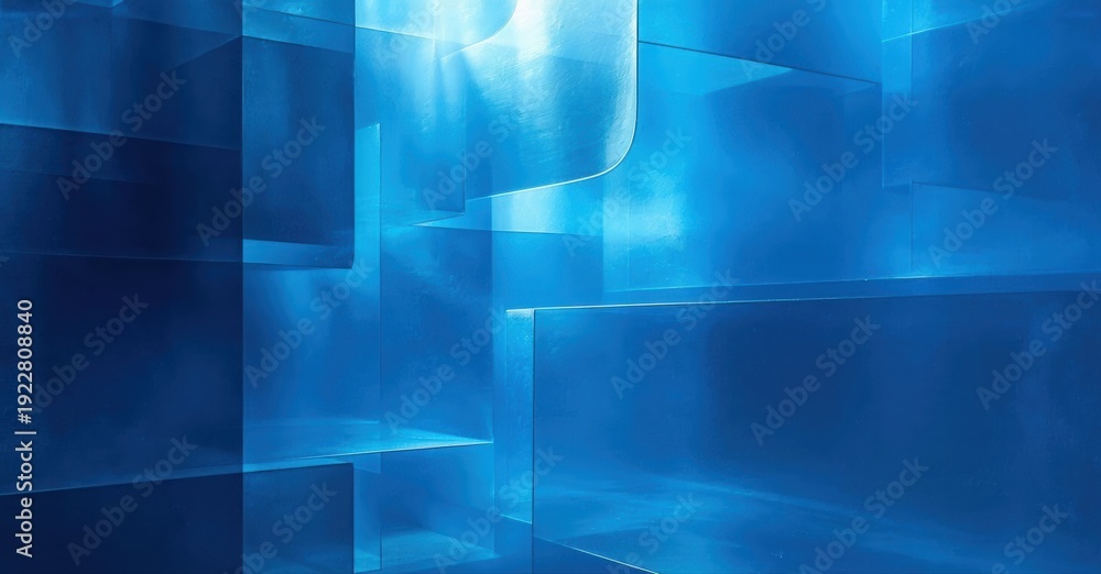 Obraz premium Abstract blue geometric shapes create dynamic composition. Light reflects off surfaces, forming shadows, depth. Modern design.