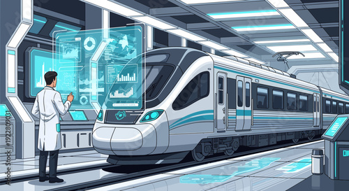 Scientist Interacting with Futuristic Train Technology.