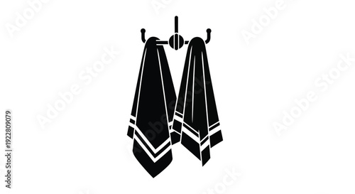 Black and white illustration of two towels hanging on a rack