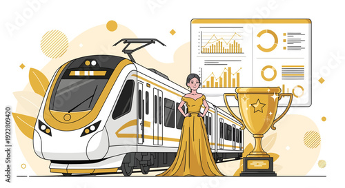 Woman in elegant gown with train trophy and modern train.