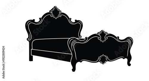 Elegant black silhouette of a baroque style bed and nightstand