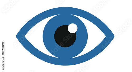 Stylized blue eye icon with a dark pupil and white highlight on a white background