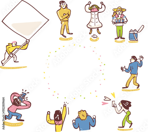 地域スポーツを応援し支える大人たちの活動イラストセット、マネージャーやスタッフのICT連絡・保護者のビデオ撮影など現代的な運営風景
