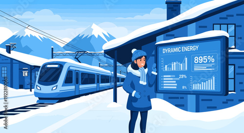 Woman in winter clothing standing near a digital display.