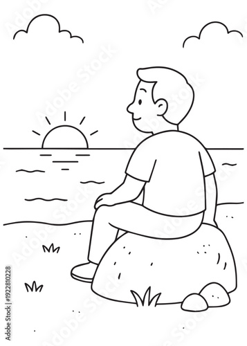 coloring book father sitting on rock watching sunset over the sea