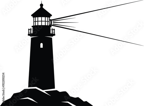A tall silhouette of a lighthouse beacon stands against a white background as a navigational landmark for safety on the ocean coast