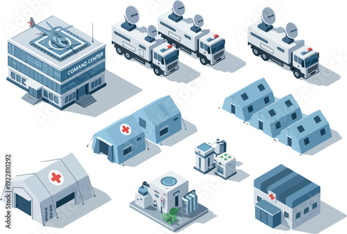 Isometric illustration of medical vehicles and facilities in a hospital setting from a top-down viewpoint