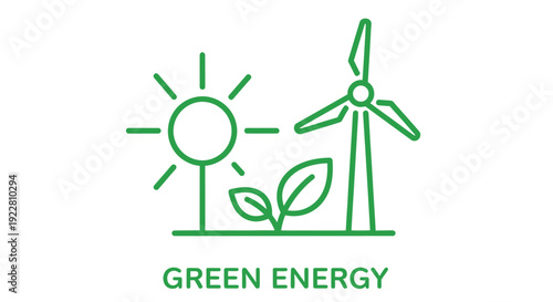 Green energy icon depicting a wind turbine sun leaf and the text green energy