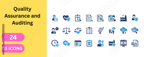 Quality assurance and industrial auditing UI icons for business software. Heart, health, safety, industry, factory, scale, balance, gender, search