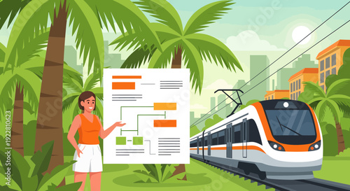 Woman presenting a flowchart next to a modern train.