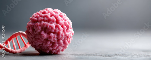 Cancer cell model, dna helix, genomic concept, medical research, oncology science, tumor biology, macro detail