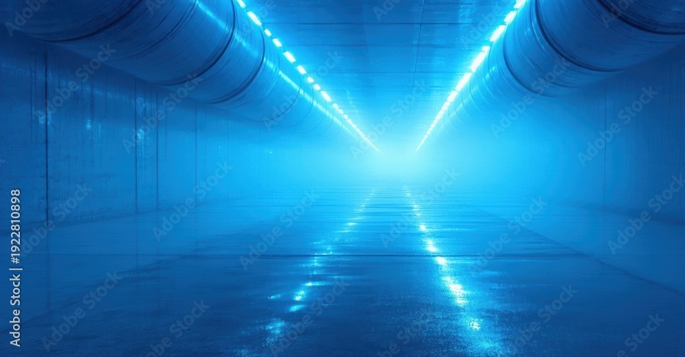Fototapeta premium Long tunnel perspective. Bright light source distant. Blue tones dominate interior space. Concrete structure appears empty, vast.