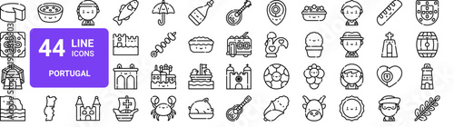 Set of 44 thin line Portugal icons. Portuguese culture, food, landmarks, symbols. Outline vector illustration pack for web design