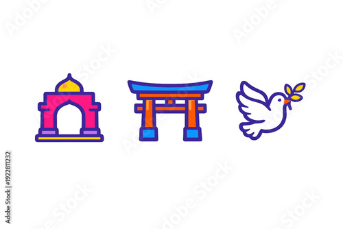 Three colorful stickers featuring a pink archway with a yellow dome, a blue and orange Japanese torii gate, and a white dove carrying a green olive branch on a black background.