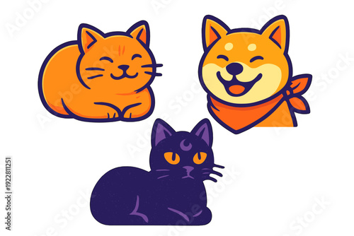 Three stylized animal illustrations featuring an orange cat loaf, a smiling Shiba Inu dog with a bandana, and a dark purple cat with a crescent moon mark on its forehead.