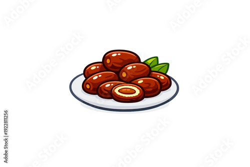 A cartoon illustration of a pile of brown dates on a white plate with a blue rim. One date is sliced open to reveal the pit inside, and two green leaves are tucked behind the fruit.
