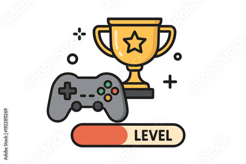 A flat vector illustration features a grey gaming controller and a golden trophy with a star emblem. A progress bar with the word level is displayed at the bottom.