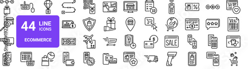 Set of 44 thin line ecommerce and delivery icons. Shopping, payment, shipping, order tracking. Outline vector illustration for web and app design