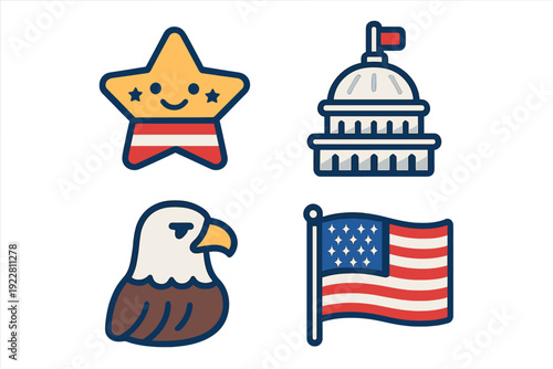 A set of four flat cartoon icons representing American symbols including a smiling star with stripes, the US Capitol building, a bald eagle, and the United States flag on a black background.