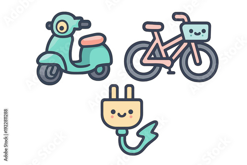 A set of three cute cartoon icons featuring a teal electric scooter, a pink bicycle with a smiling basket, and a happy electric plug with a lightning bolt cord on a black background.