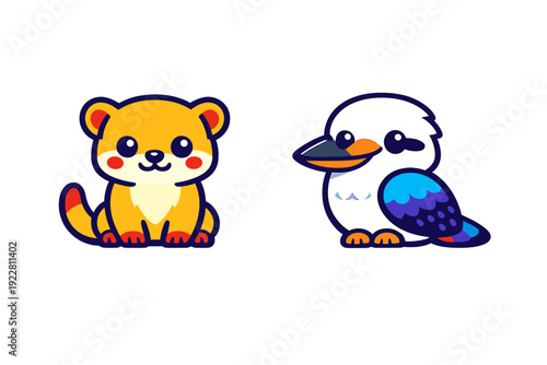 Two cute cartoon animals, a yellow mammal and a blue and white bird, are depicted in a flat vector style against a solid black background. The characters have large eyes and thick outlines.