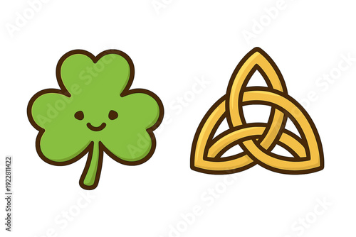 A cute cartoon icon set featuring a green shamrock with a smiling face and a golden Celtic triquetra knot symbol, isolated on a black background for St. Patrick's Day designs.