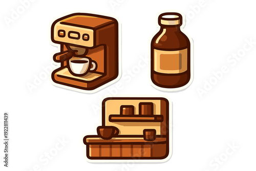 A set of three coffee-themed stickers featuring an espresso machine, a bottle of cold brew, and a cafe counter with mugs. The illustrations use warm brown tones and thick outlines.
