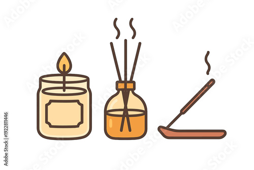 A minimalist illustration featuring a lit candle in a glass jar, a reed diffuser with essential oil, and a burning incense stick on a holder against a black background.