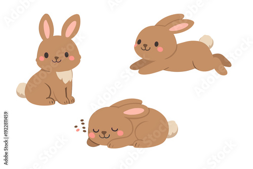 Three cute brown cartoon rabbits are shown in different poses including sitting, leaping, and sleeping. The illustrations feature soft colors and a simple flat design style on a dark background.