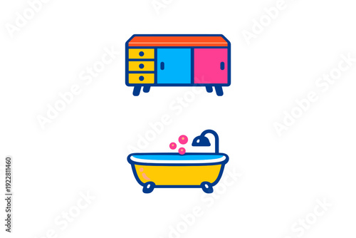 A flat illustration featuring a colorful sideboard with drawers and doors above a yellow bathtub with pink bubbles and a shower head, set against a solid black background.