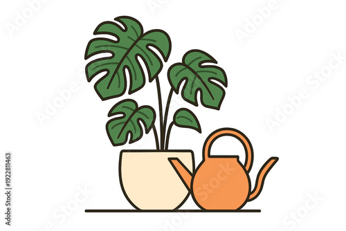 This vector illustration features a lush green monstera plant in a cream-colored pot placed beside a small orange watering can. The design uses simple lines on a dark background.