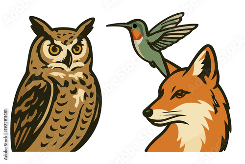 A detailed graphic illustration featuring a portrait of a great horned owl, a ruby-throated hummingbird in flight, and a red fox head profile against a solid black background.
