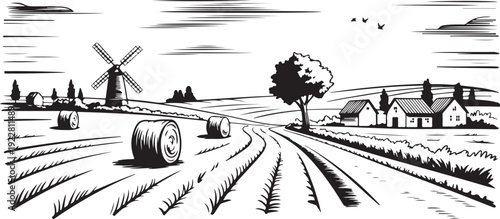 farm winding road through fields with hay bales and windmill