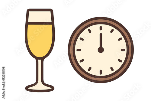 This flat cartoon clipart shows a champagne flute filled with a yellow sparkling drink next to a round clock pointing to midnight, isolated on a black background.