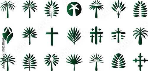 Collection of various green palm tree and cross symbols in different styles and shapes on white background