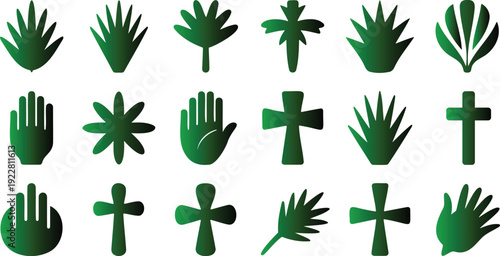 Collection of green hand and cross symbols on white background for graphic design and icon usage  various shapes and styles included
