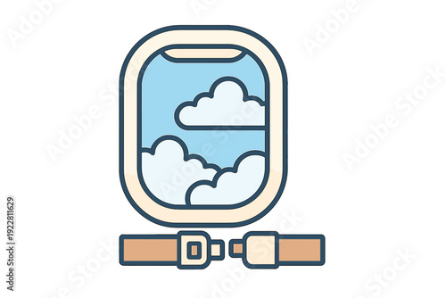 A flat vector illustration features a view of fluffy white clouds through an airplane window, with a tan seatbelt shown below. It depicts themes of aviation and passenger safety.