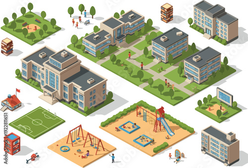 Isometric view of a school campus with buildings, playground, and children playing in a vibrant environment